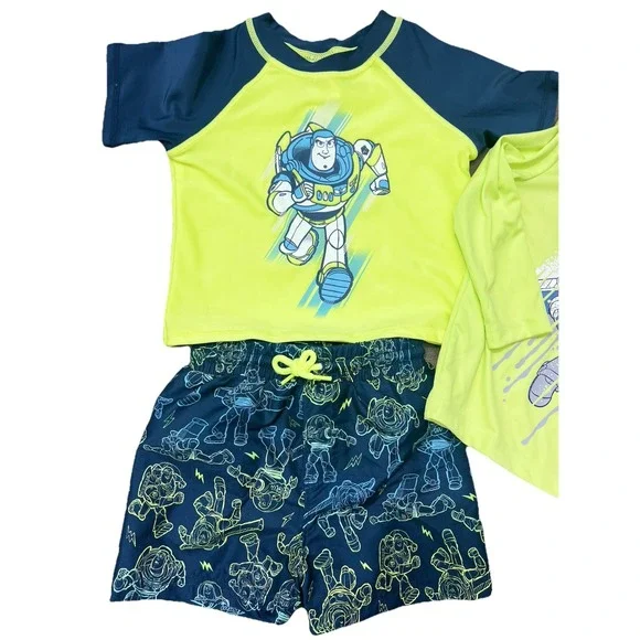 Boys 3pc Swimsuit Set 18 M Toddler Swim Trunks Shirt Rash Guard Buzz Lightyear - Picture 3 of 7